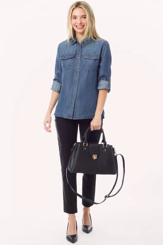 Chambray Button Down Top Denim Blouse Shirt